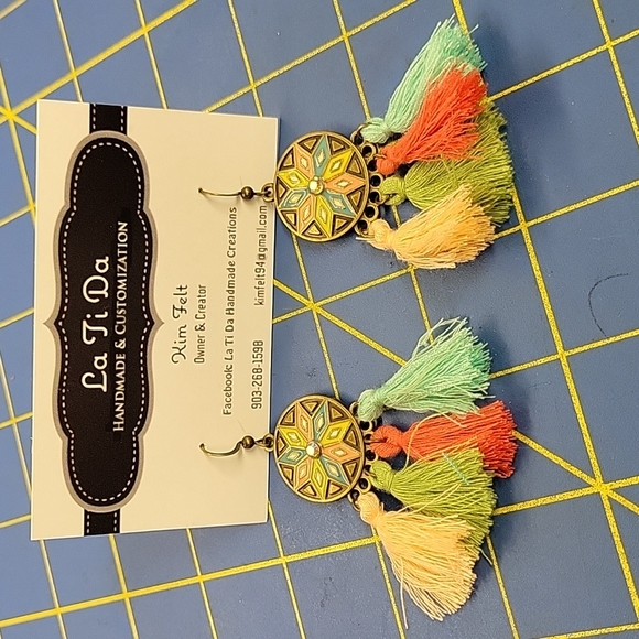 Bronze Metal Tassel Turquoise Accent Earrings - Picture 2 of 3